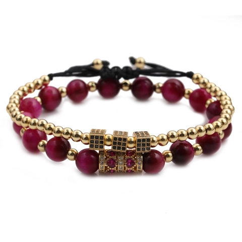 Pulsera De Cuentas De Ojo De Tigre Fucsia Y Cubo De Circonita Micro Pavé Cuenta De Cobre Joyería De Moda De Lujo