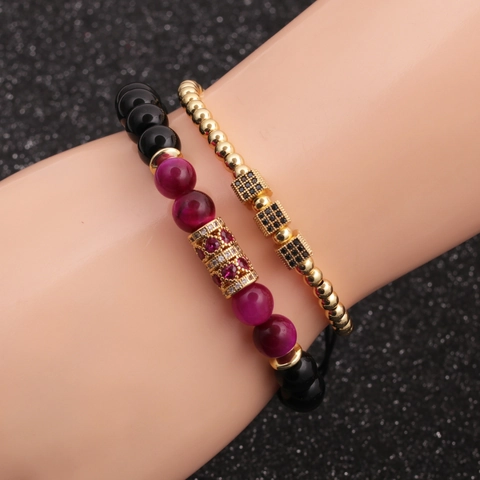 Pulsera De Cuentas De Piedra Ojo De Tigre Y Pulsera De Cuerda Trenzada Ajustable Con Cubos De Circonita Y Cuentas De Cobre