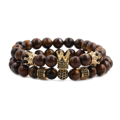 Yellow Tiger Eye Stone Crown Beaded Bracelet For Men Alloy Micro Inlaid Zirconia Fashion Jewelry Gift