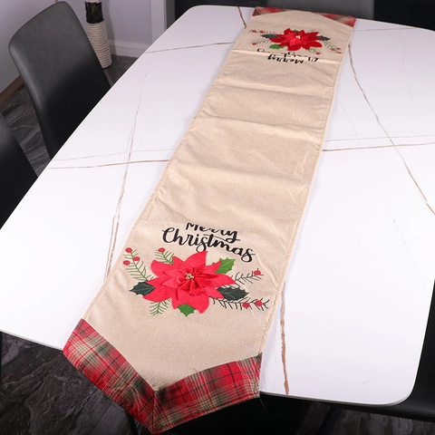 Christmas Table Runner Linen Texture Red Poinsettia Floral Applique Plaid Border Tassels Holiday Dining Table Decor