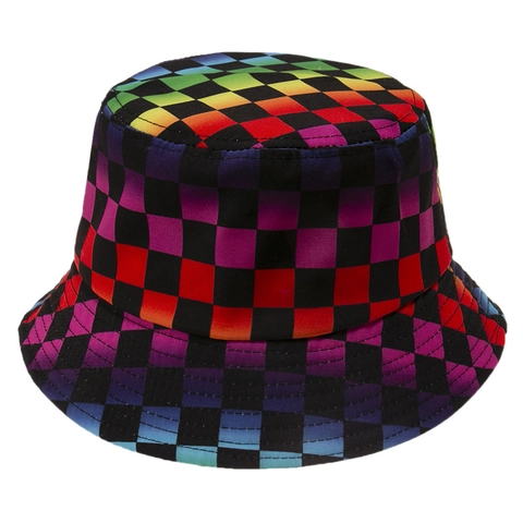 Chapeau Bob À Damier Coloré Polyester Arc-en-Ciel Dégradé Grille Protection Solaire Rétro Voyage