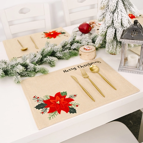 Christmas Poinsettia Placemat Polyester Burlap Texture Table Mat With Merry Christmas Lettering For Holiday Dining Table Decor
