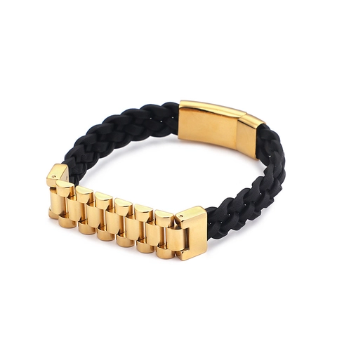 Herren Armband Geflochtenes PU-Leder Mit Edelstahl Uhrenarmband Kettenglied Metall Schnalle Punk Trendy