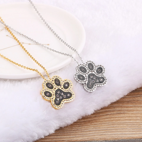 Paw Print Necklace Stainless Steel Zircon Rhinestone Dog Cat Claw Pendant Cute Fashion Jewelry For Women Gift