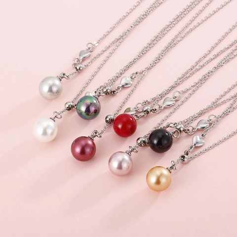 Collar Para Mujer De Acero Inoxidable Con Colgante De Perla Artificial De Concha Redonda Y Dijes De Corazón Joyería Elegante