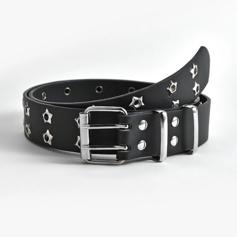 Women Punk Style Faux Leather Belt Double Prong Buckle Star Eyelet Metal Rivet Casual Waist Belt