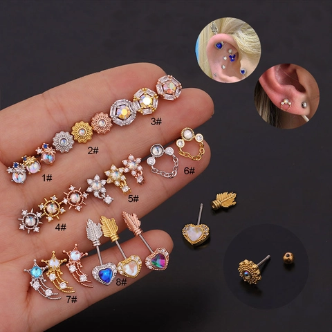 Ear Cartilage Helix Stud Piercing Earrings Stainless Steel Bar Copper Inlaid Colorful Zircon Screw Back Post Fashion