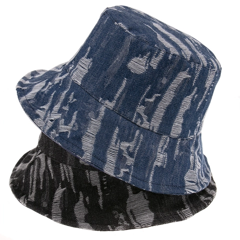 Vintage Washed Denim Bucket Hat Ripped Distressed Solid Color Outdoor Sun Protection Flat Top Fashion Basin Hat For Women