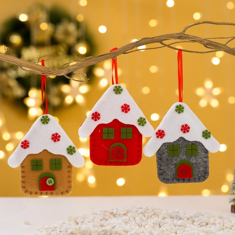 Christmas Tree Hanging Ornaments Small House Shape Felt Fabric With Snowflake Embroidery For Holiday Party Home Decor