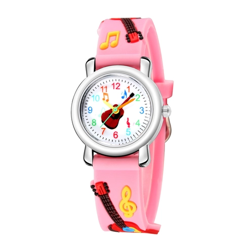 Kids Quartz Watch 3D Relief Guitar Musical Notes Pattern Plastic Strap Analog Round Dial Casual Timepiece For Boys Girls