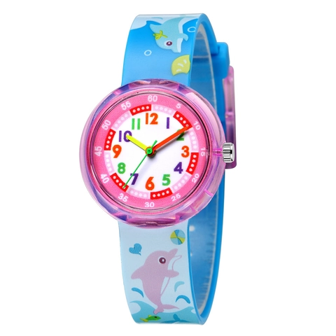 Kinder Analog Uhr Bunte Quarz Zeitmesser Kunststoffgehäuse Silikon Bedrucktes Armband Cartoon Delfin Einhorn Für Schüler