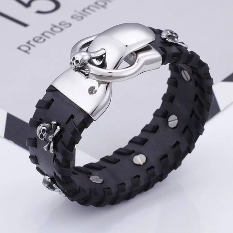 Breites Punk Totenkopf Armband Für Herren Mit 316L Edelstahl Schnalle Und Echtleder Geflochtenem Biker Stil