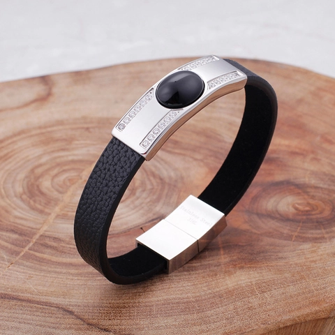 Pulsera De Moda Para Hombre Acero Inoxidable 316L Cuero PU Con Gema Negra Ovalada Diamantes De Imitación Hebilla Magnética