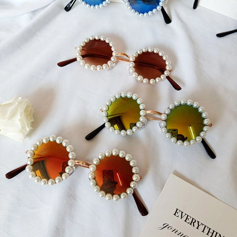 Lunettes De Soleil Rondes Pour Enfants Rétro Décorées De Künstliche Perles Protection UV400 Verres Colorés Pour Enfants Filles Garçons Tout-Petits Style Princesse Douce