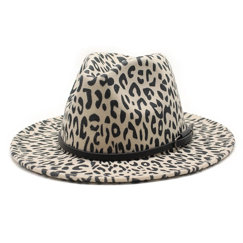 Fedora Hut Leopardenmuster Wollfilz Breiter Rand Jazz Hut Mit Ledergürtel Schnalle Vintage Stil Für Damen Herren
