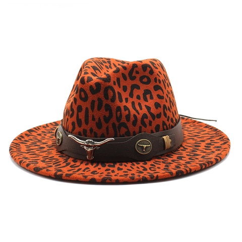Leopard Print Fedora Hat Wool Felt Wide Brim Western Cowboy Style With Bull Head Metal Buckle For Men Women
