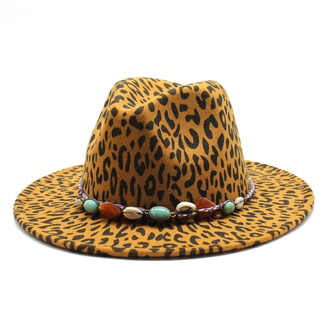 Leopard Print Fedora Hat For Women Men Wide Brim Wool Felt Jazz Cap With Bohemian Ethnic Bead Shell Decorative Band