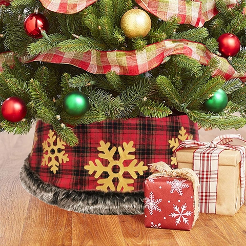 Weihnachtsbaumkragen Rot Schwarz Kariert Mit Goldener Schneeflocke Und Kunstpelzrand Kunststoffbasis Für Feiertagsdekor