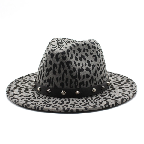 Leopard Print Fedora Hat Wool Felt Wide Brim Flat Top With Black Studded Leather Band Vintage Punk For Women Men