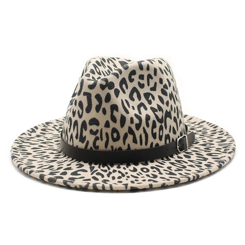 Fedora Hoed Met Luipaardprint Wolvilt Brede Platte Rand Vintage Jazz Pet Met Leren Band Metalen Gesp Voor Dames Heren