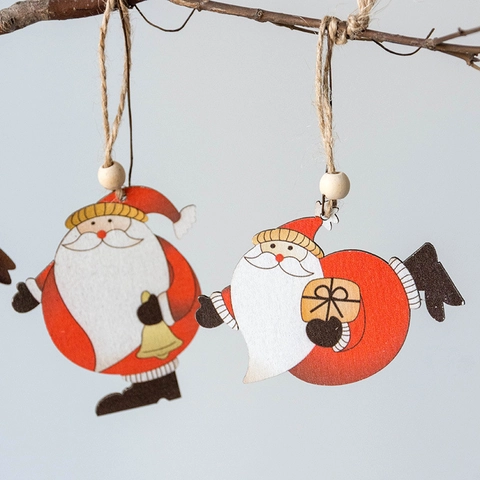 Ornements De Noël En Bois Pendentifs Père Noël Bonhomme De Neige Perles En Bois Corde De Chanvre Décoration De Sapin Festive
