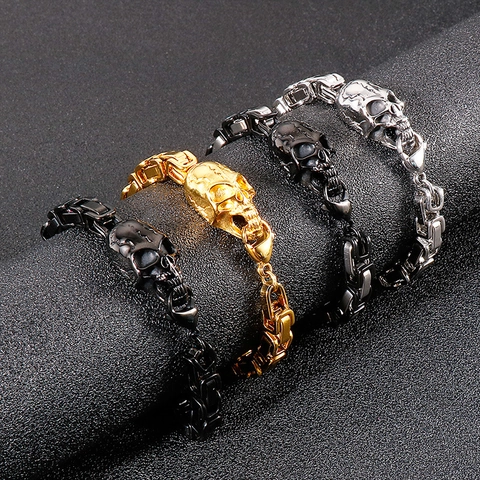 Pulsera De Calavera Para Hombre Acero Inoxidable Cadena Bizantina Punk Gótico Retro Rock Joyas