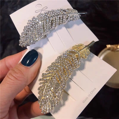 Eleganter Legierung Strass Feder Haarclip Glitzernde Blattform Ente Schnabel Clip Mode Kopfschmuck Für Frauen