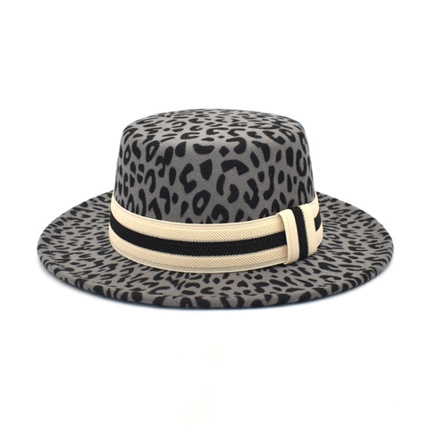 Leopard Print Wollfilz Flachkopf Fedora Hut Damen Breitkrempiger Gestreifter Band Dekor Herbst Winter Boater Jazz Hut