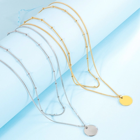 Double Layer Necklace Stainless Steel Circular Disc Pendant Satellite Bead Chain Minimalist Geometric Fashion Jewelry