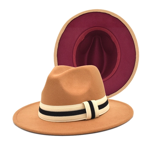 Cappello Fedora Feltro Di Lana Bicolore Fodera A Contrasto Tesa Larga Nastro A Righe Unisex Stile Jazz Vintage