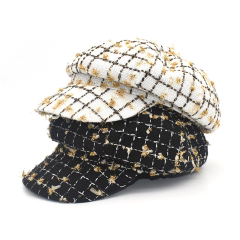 Berretto Newsboy Vintage Da Donna Tweed Motivo A Griglia Con Accenti In Filo D'oro Elegante Stile Britannico Cappello Ottagonale