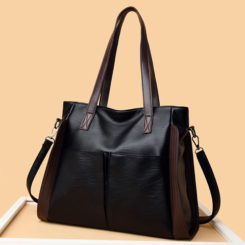 Women Large Capacity Tote Bag Contrast Color PU Leather Shoulder Handbag With Detachable Crossbody Strap Casual Fashion
