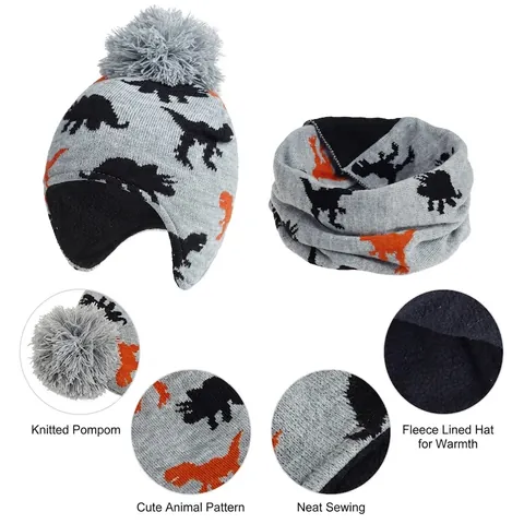 Kids Winter Knitted Hat And Scarf Fleece Lined Warm Ear Protection Dinosaur Cartoon Pom Beanie For Toddler Boys Girls