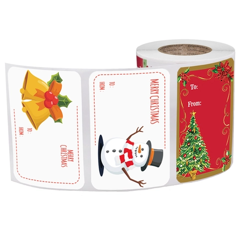 Etiquetas de Regalo de Navidad Pegatinas Rollo Papel Kraft Merry Christmas Diseños de Muñeco de Nieve Árbol Para Empaque
