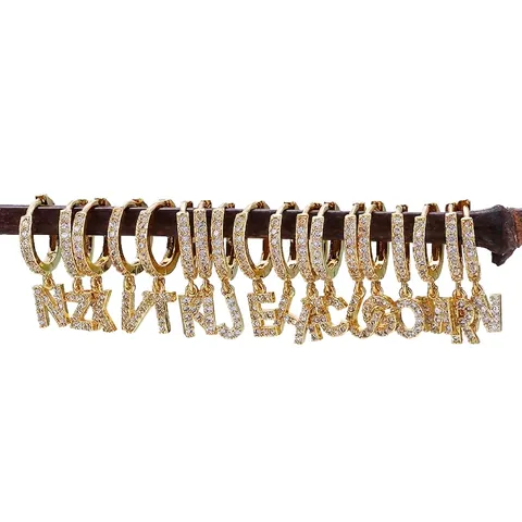 Occident Initial Alphabet Letter Hoop Earrings For Women Copper Inlaid Zirconia Gold Silver Plated Huggie Dangle Earrings Jewelry
