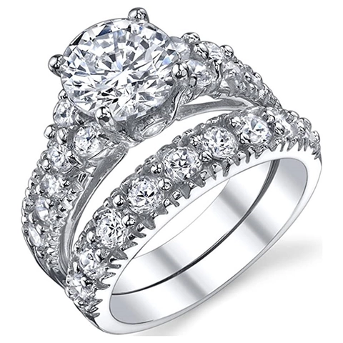 Bridal Wedding Main Ring And Band Copper With Round Zirconia Classic Luxury Engagement Jewelry For Women Silver Tone