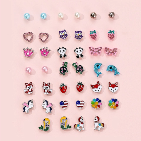 Stud Earrings Alloy Resin Cartoon Animal Unicorn Mermaid Butterfly Heart Rhinestone Faux Artificial Pearl Jewelry For Kids Girls