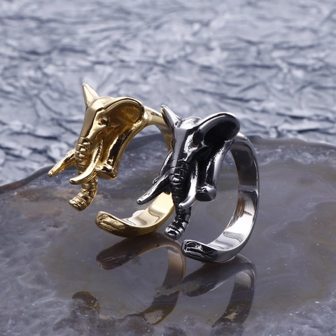 Vintage Elephant Head Ring Men Titanium Steel Punk Rock Gothic Style Jewelry Animal Statement Finger Band Accessories