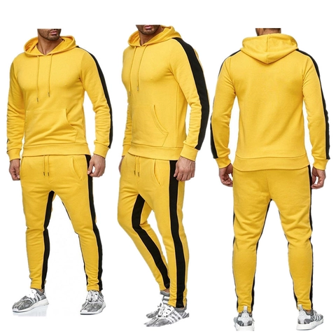 Tuta Sportiva Casual da Uomo Felpa con Cappuccio e Pantaloni Jogger Tinta Unita Striscia a Contrasto Top And Bottom