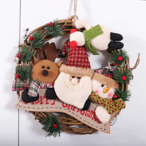 Ghirlanda Di Natale Appesa In Rattan Con Bambole Di Peluche Babbo Natale Pupazzo Di Neve Renna Aghi Di Pino Bacche