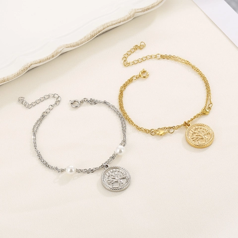 Tree Of Life Stainless Steel Necklace And Bracelet Women Double Layer Chain Faux Artificial Pearl Heart Pendant Elegant Jewelry