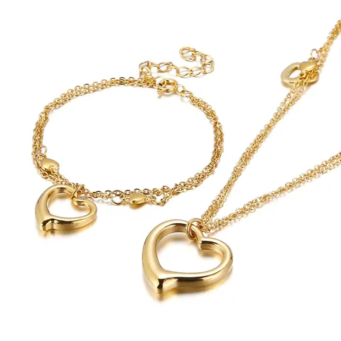Stainless Steel Heart Pendant Necklace And Bracelet Jewelry Set Double Layer Chain For Women Polished Fashion Trendy