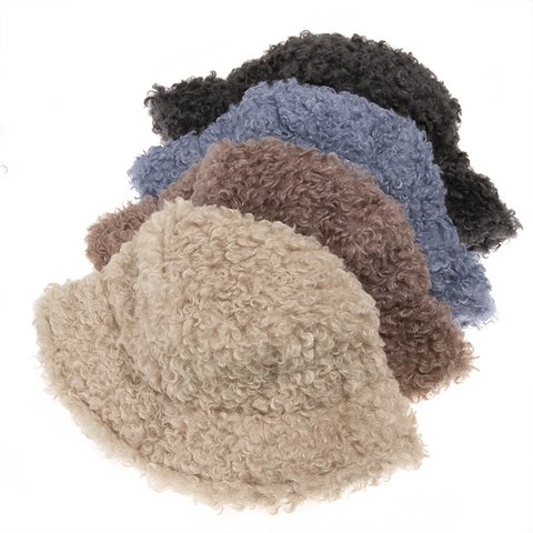 Solid Color Sherpa Bucket Hat Warm Winter Plush Fisherman Hat Retro Thick Casual Headwear For Women And Men