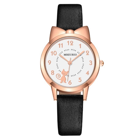 Schattig Kattenoor Kast Dames Quartz Horloge Mode Leren Band Meisjes Student Horloge Met Arabische Cijfers En Kittens Patroon