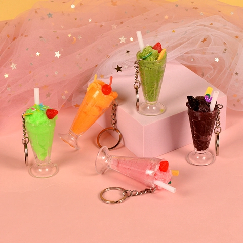 Simulation Ice Cream Sundae Smoothie Cup Keychain PVC Plastic Fruit Miniature Drink Bag Charm Pendant Kawaii Gift