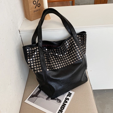 Large Capacity PU Leather Shoulder Bag Women Studded Tote Bag With Metal Rivets Punk Style Casual Handbag