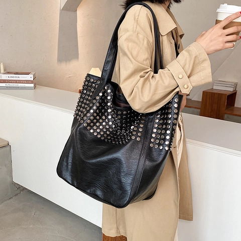 Large Capacity PU Leather Shoulder Bag Women Studded Tote Bag With Metal Rivets Punk Style Casual Handbag