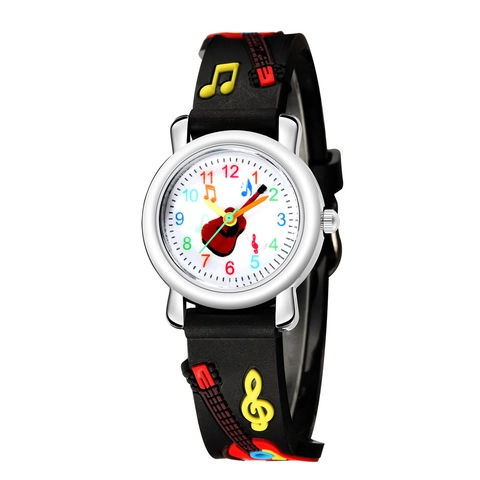 Kids Quartz Watch 3D Relief Guitar Musical Notes Pattern Plastic Strap Analog Round Dial Casual Timepiece For Boys Girls