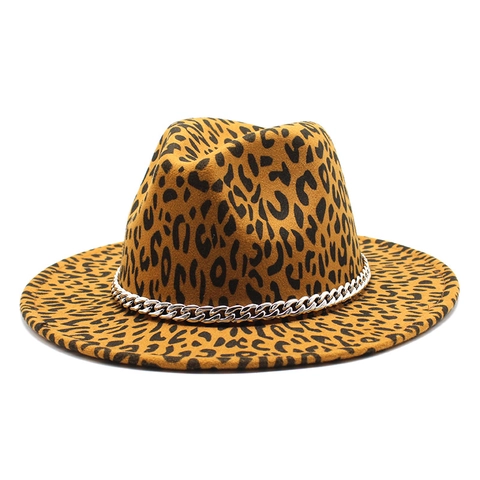 Cappello Fedora Maculato In Feltro Di Lana Tesa Larga Piatta Con Catena In Metallo Argentato Stile Jazz Unisex Moda