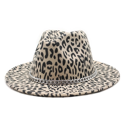 Cappello Fedora Maculato In Feltro Di Lana Tesa Larga Piatta Con Catena In Metallo Argentato Stile Jazz Unisex Moda